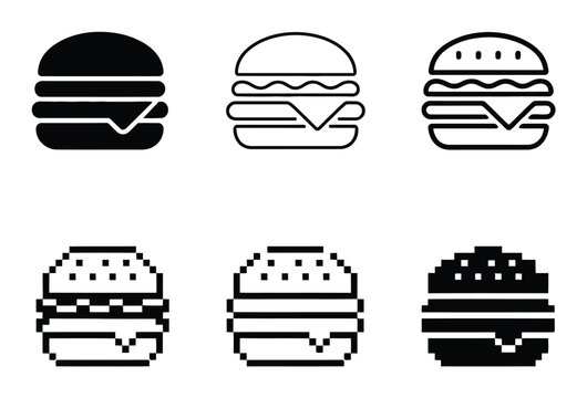 A collection of six different hamburger featuring solid, outline, and pixel styles for food and restaurant