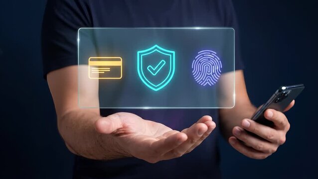 Business Man Holds Open Hand to Display Secure Payment Card, Show Biometric Shield, Verify Fingerprint Access, and Protect Financial Transaction