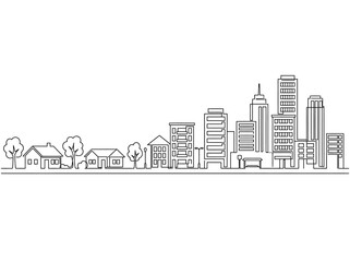 Fototapeta premium Hand drawn outline of a city skyline with suburban houses and tall buildings.