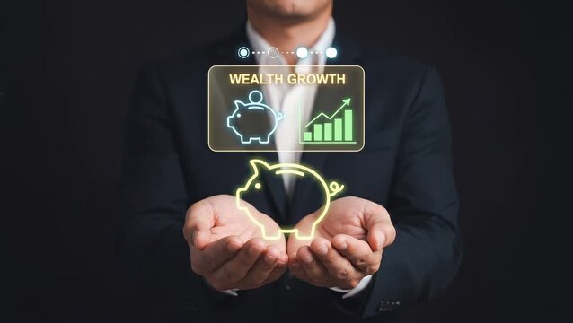 Business Man Holds Open Hands to Display Savings Piggy Bank, Show Wealth Growth Chart, Track Financial Progress, and Manage Investment Returns