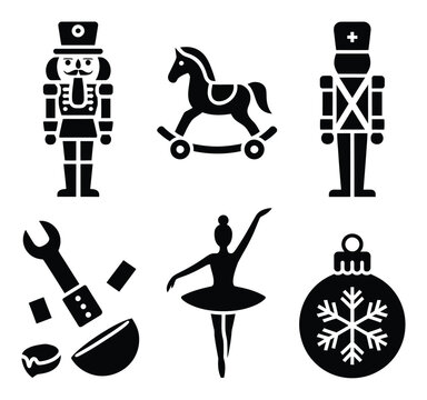 Set of christmas themed featuring nutcrackers, a rocking horse, a ballerina, and holiday ornaments in black and white