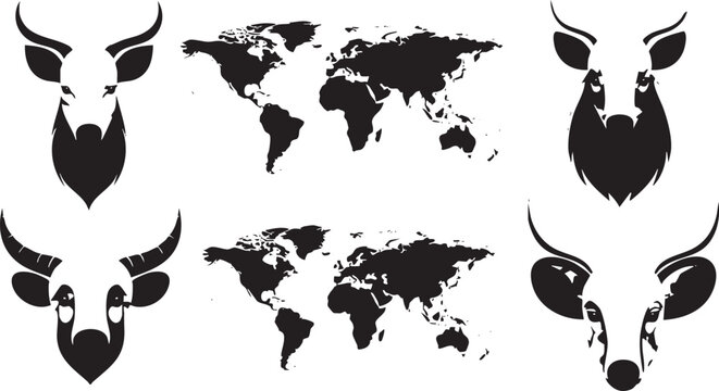 Black animal head silhouettes arranged over map outline animal heads continents