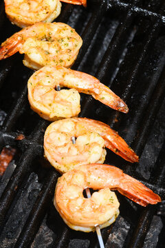 Closeup of four skewered shrimp or prawns on a babecue grill.