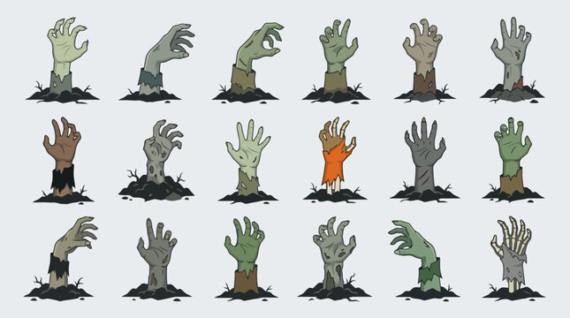 Zombie Hand Collection Emerging from Ground for Halloween Horror Design