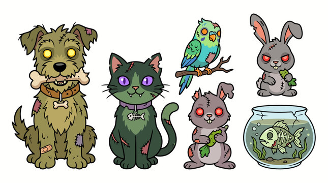 Cartoon Zombie Pet Collection with Undead Dog Cat Rabbit Parrot and Fish