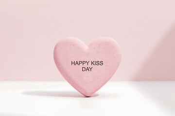 Fototapeta premium Pink heart shaped object with happy kiss day text on it in a pastel pink background