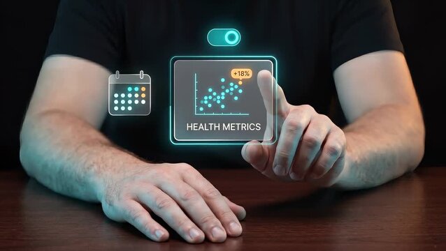 Business Man Touches Screen to Monitor Health Metrics, Track Wellness Data, Schedule Calendar Reminders, and Analyze Progress Statistics
