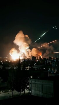 Nighttime aerial bombardment of a city skyline. Tracers and explosions illuminate the dark urban horizon during a conflict. Military engagement in war zone. Vertical video