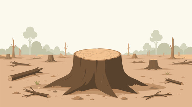 Deforested landscape scene showing a large tree stump in a dry barren field surrounded by other stumps and fallen branches representing environmental destruction clear-cutting and loss of biodiversity