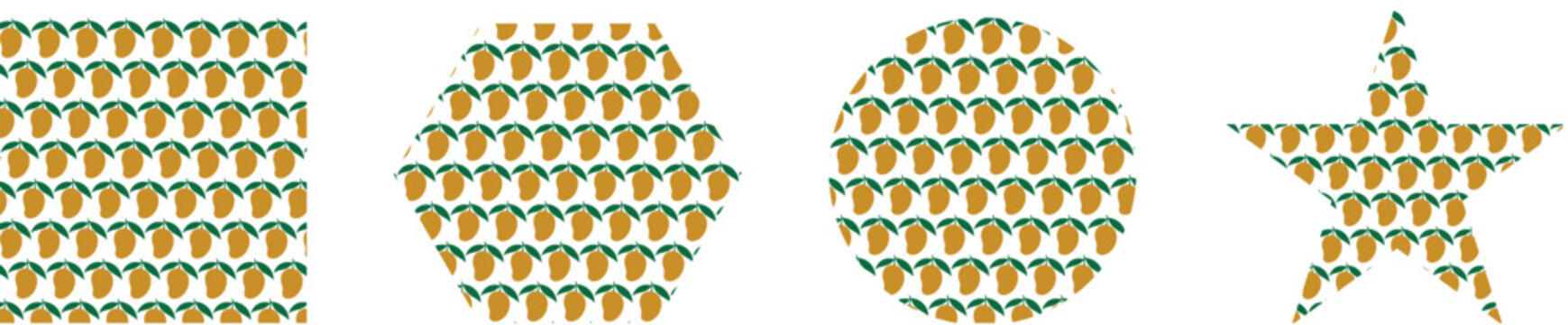 A collection of four geometric shapes (square hexagon circle star) filled with a repeating mango pattern. This versatile set is great for creative backgrounds textile design or modern graphic layouts.
