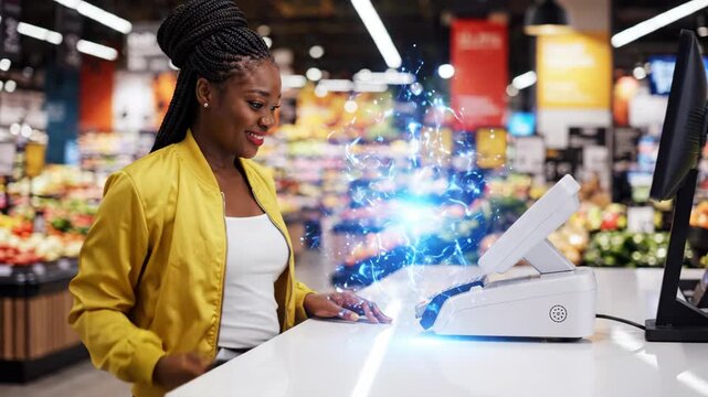 Young woman using mobile digital wallet for contactless payment at supermarket self checkout, cashless technology at grocery store checkout counter