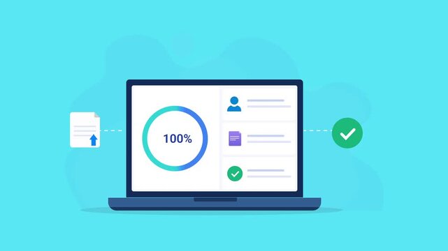Animated flat vector illustration of a laptop displaying a customer verification dashboard with identity document, user profile, and approval status icons. Modern identity verification, onboarding, an