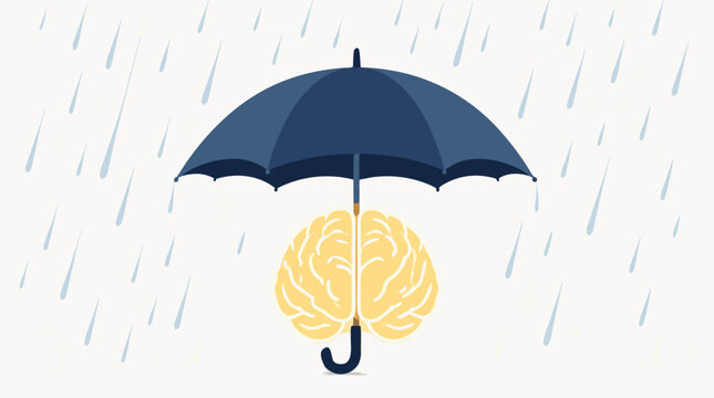 Open umbrella shielding a glowing human brain from heavy falling rain, flat vector illustration ideal for mental protection and mindfulness concept designs.