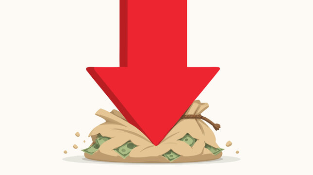A giant bold red downward arrow crushing and flattening a burlap bag of money rendered as a flat vector illustration ideal for business finance economic decline loss and recession themed commercial de