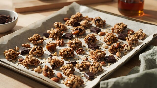 Homemade granola bars with chocolate and nuts on baking sheet in kitchen