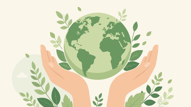 Cupped hands gently hold a green earth globe surrounded by lush botanical leaves and clouds, representing environmental stewardship, world earth day, and ecological awareness as a flat vector.