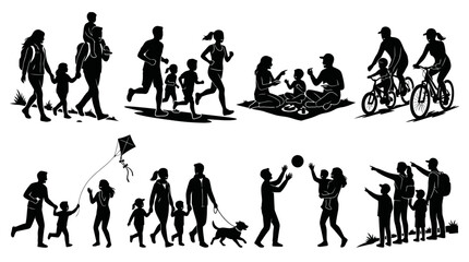 Obraz premium Collection of minimalist family activity silhouettes featuring people walking running cycling having a picnic flying a kite and playing sports with white outlines