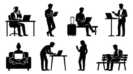 Fototapeta premium Set of minimalist silhouettes showing diverse people working on laptops, standing, and sitting in modern office settings for professional lifestyle graphic art.