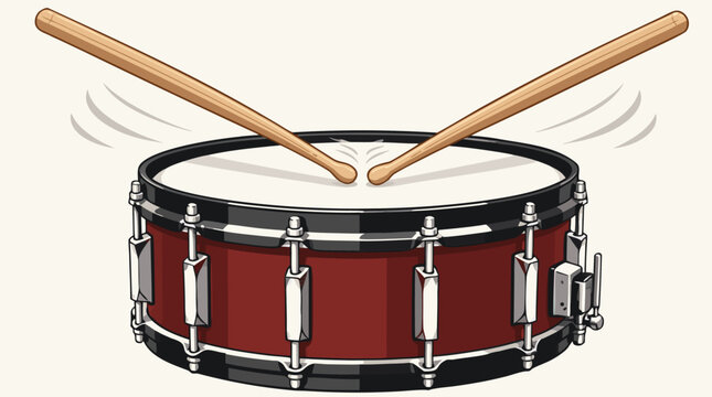 A red snare drum with silver hardware and two crossed wooden drumsticks is shown with vibration lines, representing music, marching band performances, and percussion instruments as a flat vector.