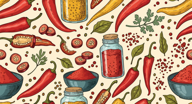 Seamless vector pattern of red chili peppers, spices, herbs, and seasoning elements on a clean background. Perfect for food packaging, restaurant branding, menus, and culinary products