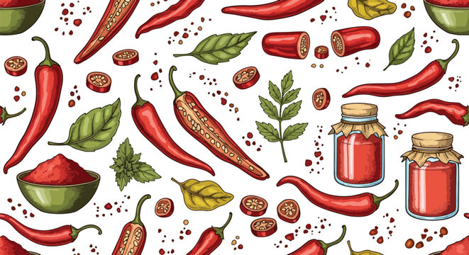Seamless vector pattern of red chili peppers, spices, herbs, and seasoning elements on a clean background. Perfect for food packaging, restaurant branding, menus, and culinary products