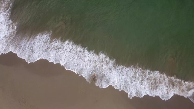 Top down aerial 4K drone shot of a young woman in swimsuit lying on the sand as clear green ocean waves wash over her at San Mateo beach.