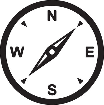 Minimalist compass navigation icon featuring a directional needle with cardinal points North, East, South, and West inside a circular frame. Clean black silhouette vector ideal for GPS applications.