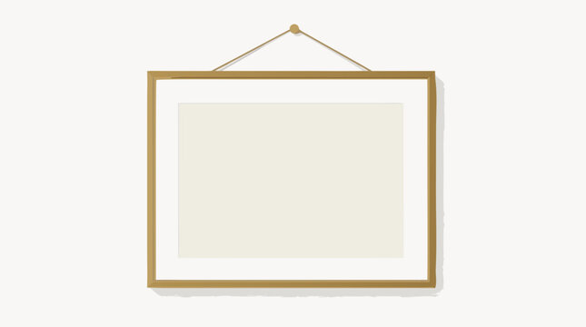 A gold-framed blank picture hangs from a hook and string on a wall in this clean flat vector illustration ideal for art, home decor, gallery, and interior design presentation templates.
