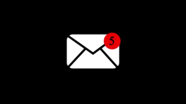 White envelope with a red notification badge showing the number five on a solid black background for digital communication interface concepts