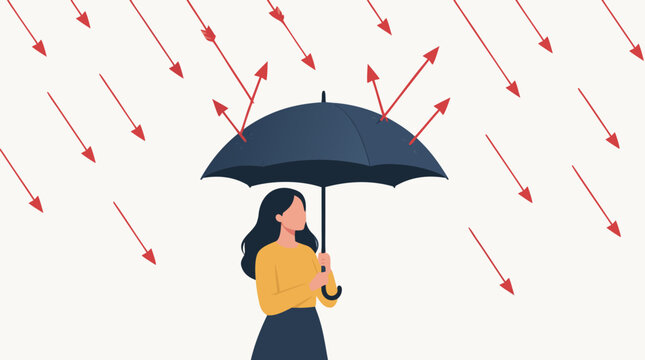 A faceless woman in a yellow top holds a dark umbrella to deflect a shower of red downward arrows representing financial or professional setbacks in this clean flat vector illustration.