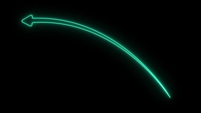 A bright teal neon glowing arrow pointing towards the upper left corner on a solid black background representing direction and movement in