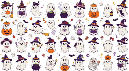 Fototapeta premium A collection of cute cartoon ghosts wearing witch hats and holding pumpkins or magic wands for a fun and spooky halloween celebration design