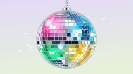 Fototapeta premium Clean flat vector illustration of a colorful mirrored disco ball on a light pastel background, ideal for party flyers, nightclub posters, music events, and celebration banners.