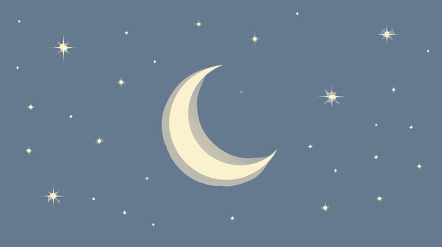 Clean flat vector illustration of a glowing crescent moon and sparkling stars on a soft blue light background, ideal for sleep, astrology, nursery, or bedtime designs.
