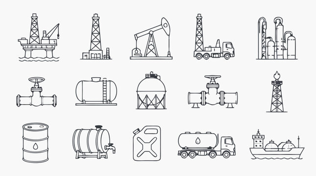 Clean flat vector illustration of oil and gas industry line icons on a light background, ideal for energy infographics, engineering brochures, and fuel services branding.