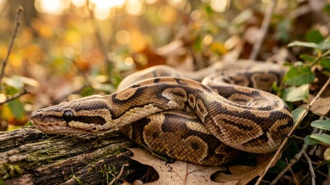 cinnamon ball python on forest ground usa golden light close up video