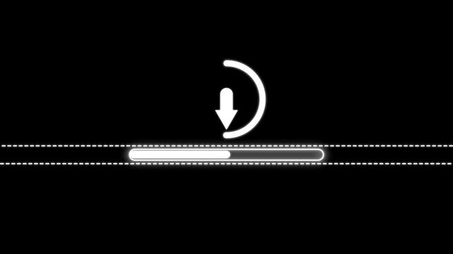 Glowing white download progress bar with a downward arrow and dashed lines on a black background for digital interface and software loading