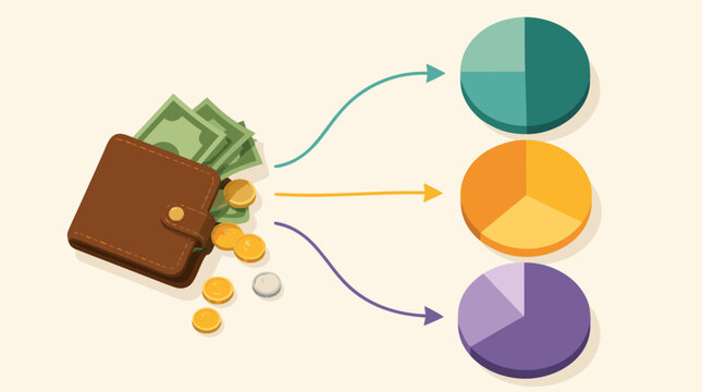 Clean flat vector illustration of a wallet with cash, coins, arrows, and pie charts on a light background, ideal for budgeting, finance planning, or investment reports.