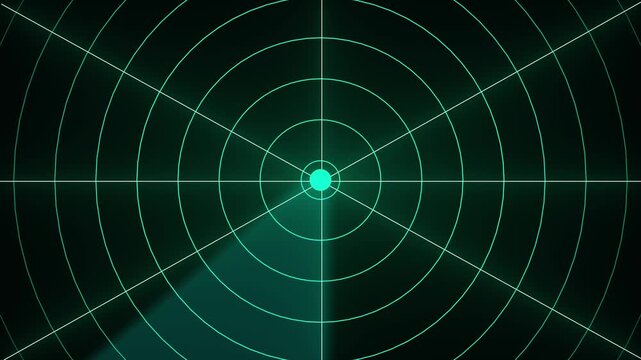 Digital radar screen with a sweeping circular scan line and concentric grid circles on a dark background for navigation and tracking concepts