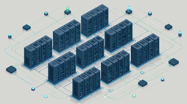 Clean flat vector illustration of connected data center server racks on a light background, ideal for cloud hosting, cybersecurity, and network infrastructure marketing.