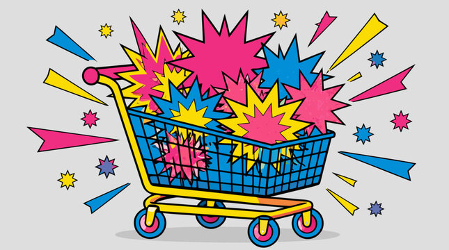 Clean flat vector illustration of a shopping cart overflowing with colorful comic burst shapes on a light background, ideal for retail sale promotions and marketing design.