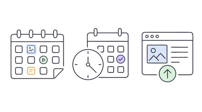 Clean flat vector illustration on a light background showing content calendar, scheduling clock, and upload dashboard for project planning apps.