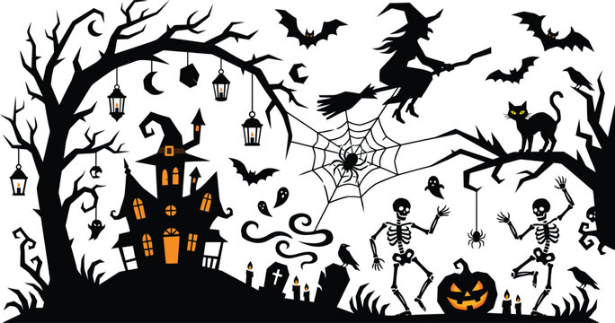 A spooky halloween illustration featuring a haunted house with skeletons dancing near a glowing pumpkin under a witch flying on a broomstick