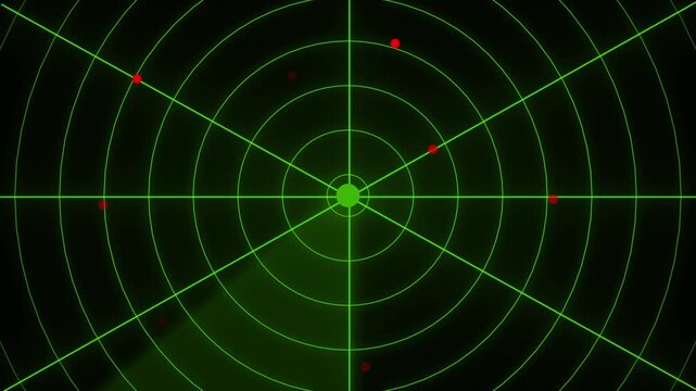 Green digital radar screen with detected targets and a sweeping circular scan line on a dark background for surveillance and tracking applications