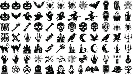 Obraz premium A large collection of black silhouette icons for halloween featuring pumpkins skulls ghosts bats cats witches and various spooky holiday themed elements