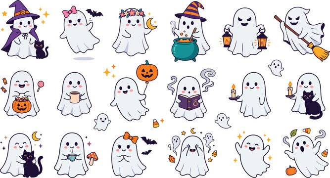 A collection of cute cartoon ghost stickers featuring various halloween themes like pumpkins cats witches hats and lanterns for festive holiday decoration