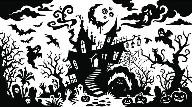 A detailed black and white illustration of a spooky haunted house surrounded by bats ghosts trees pumpkins and a full moon background