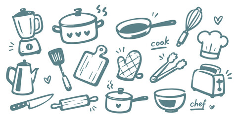 Fototapeta na wymiar Kitchen Cooking Doodle Set Vector Illustration