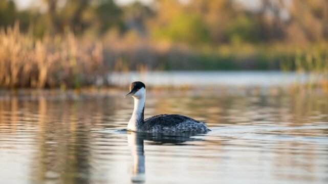 clark's grebe floating on mono lake california golden light close up video