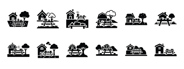 Obraz premium farm picnic area icon set, black color and white background